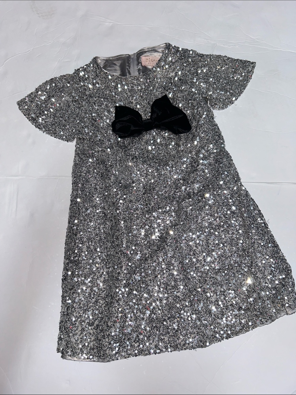 Girls Biscotti Silver Sequin Dress with Black Bow Size 6